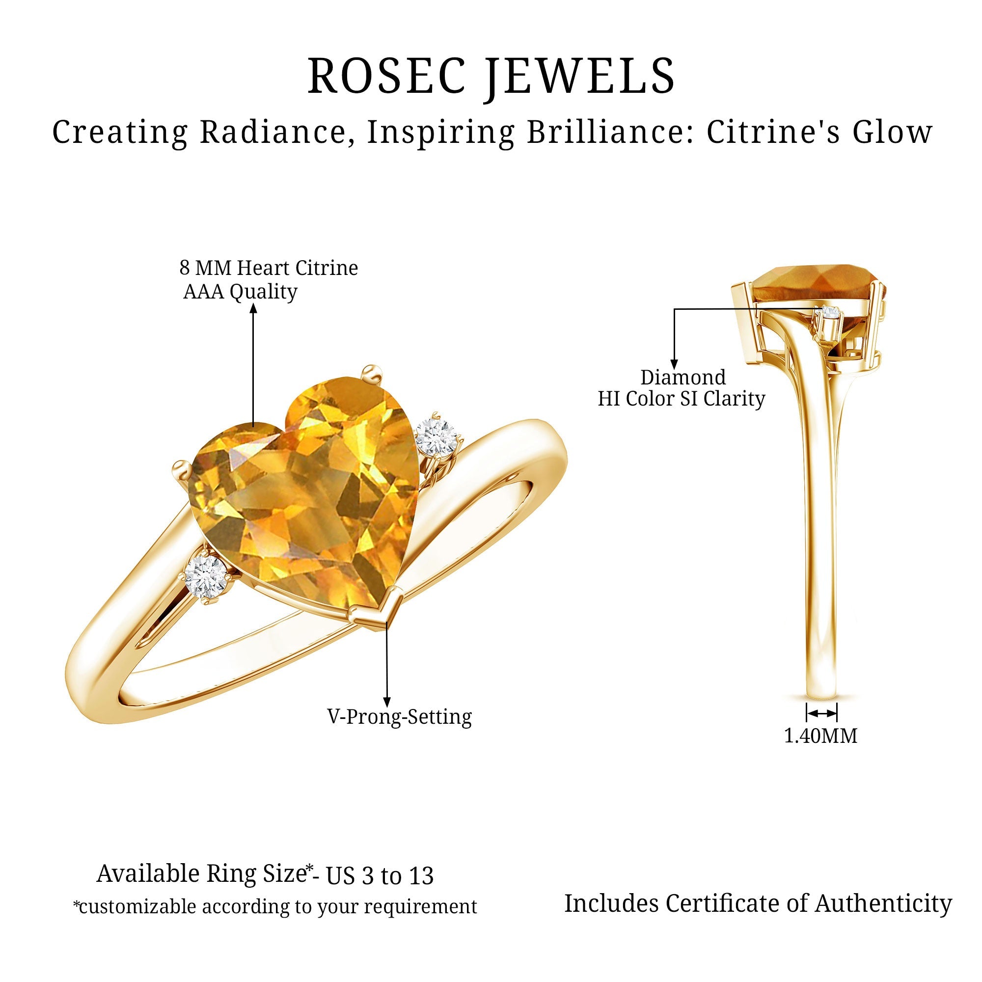Natural 8mm Citrine Heart Engagement Ring with Diamond