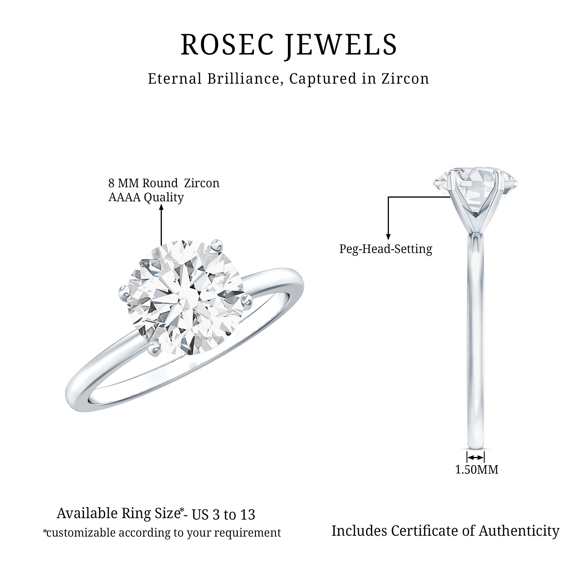 2 CT Simple Round Zircon Solitaire Ring in Peg Head Setting