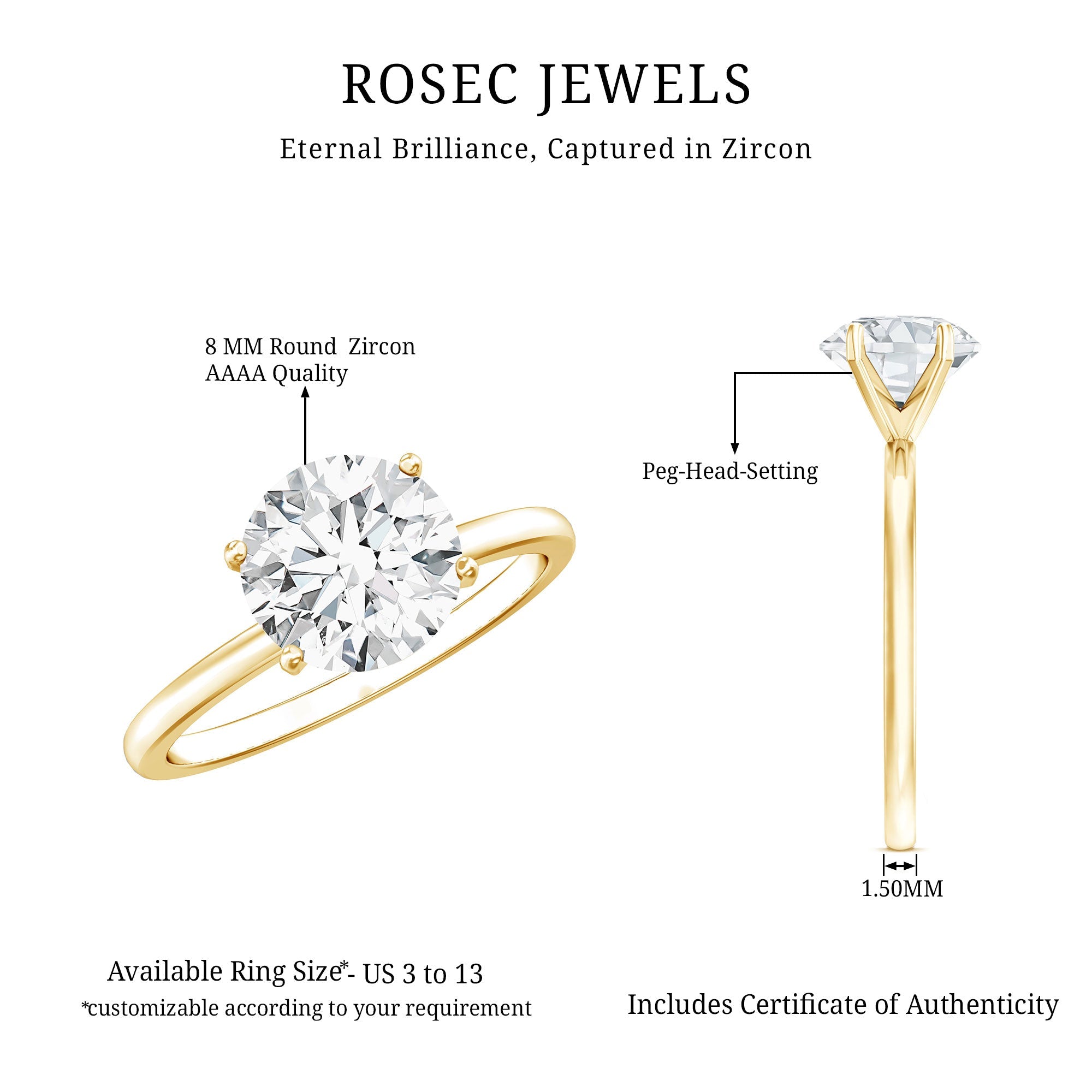 2 CT Simple Round Zircon Solitaire Ring in Peg Head Setting