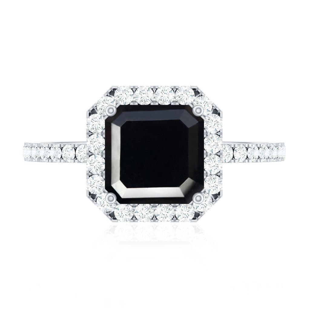 Certified Asscher Cut Black Onyx and Diamond Engagement Ring