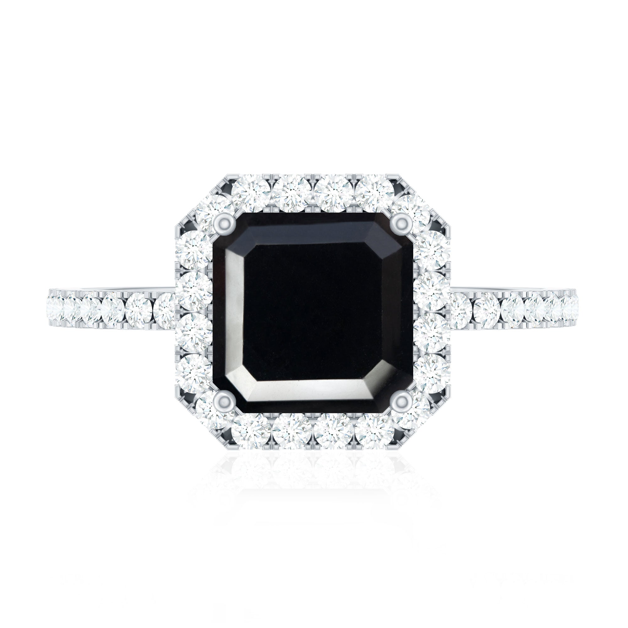 Certified Asscher Cut Black Onyx and Diamond Engagement Ring