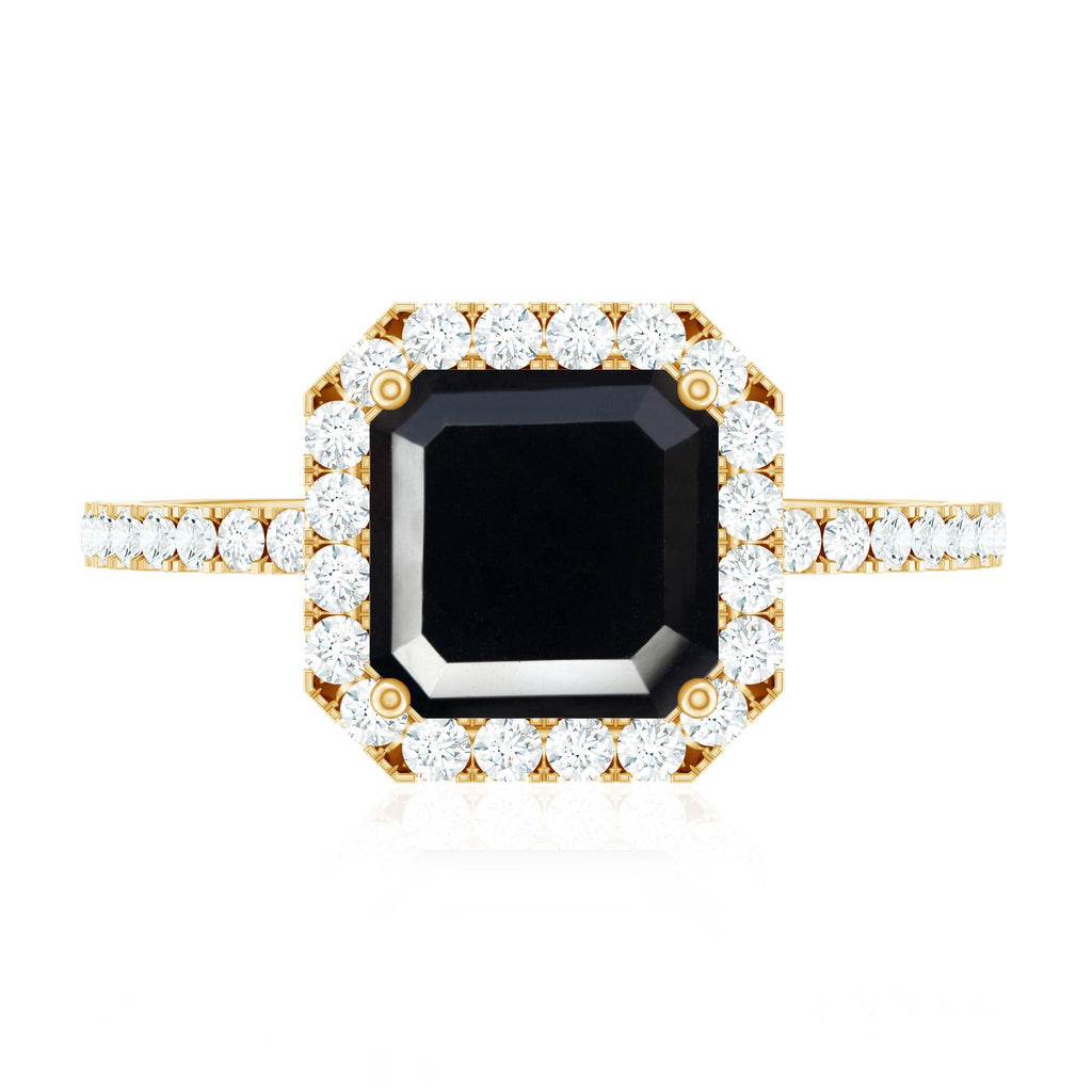Certified Asscher Cut Black Onyx and Diamond Engagement Ring