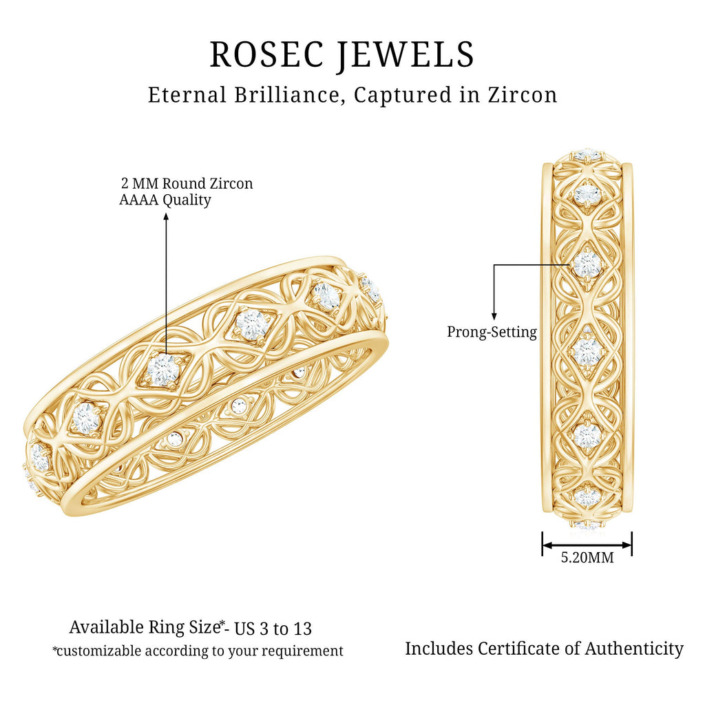 Vintage Inspired Zircon Celtic Knot Full Eternity Band Ring in Gold