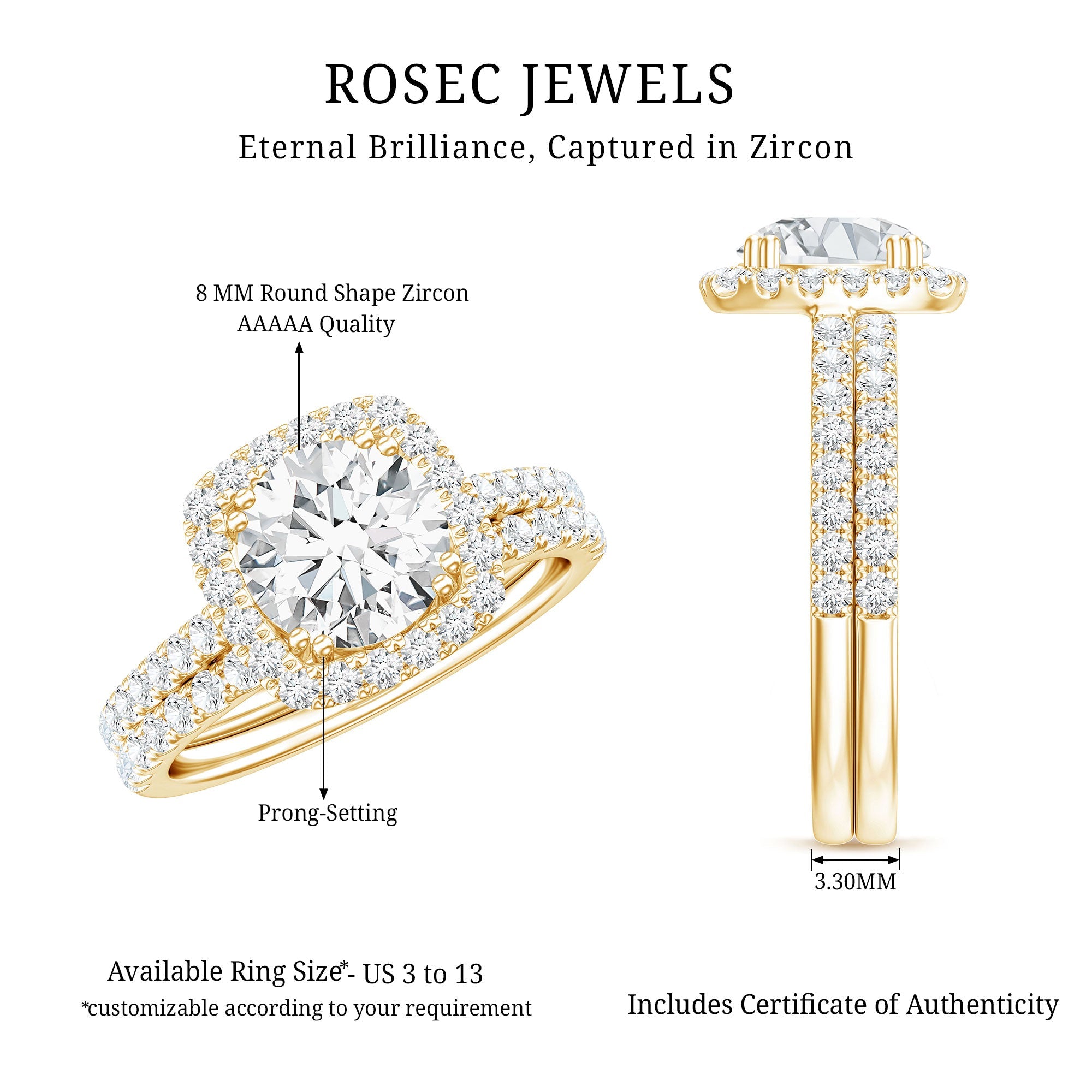 3 CT Round Cubic Zirconia Wedding Ring Set For Bride