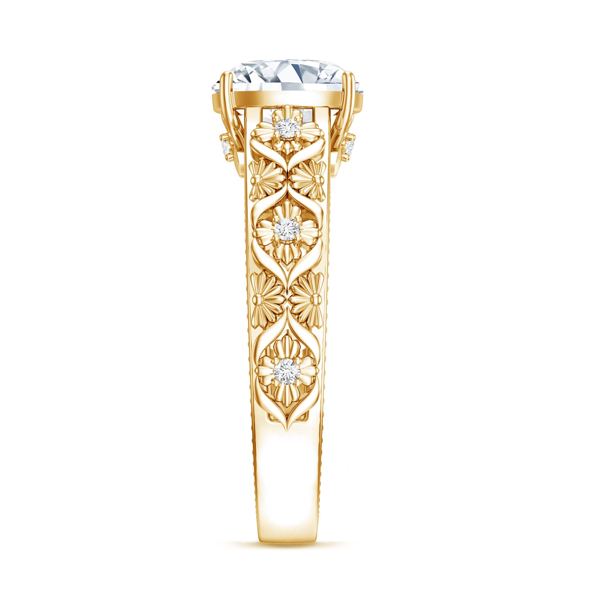Cushion Cut Solitaire Zircon Gold Floral Engagement Ring