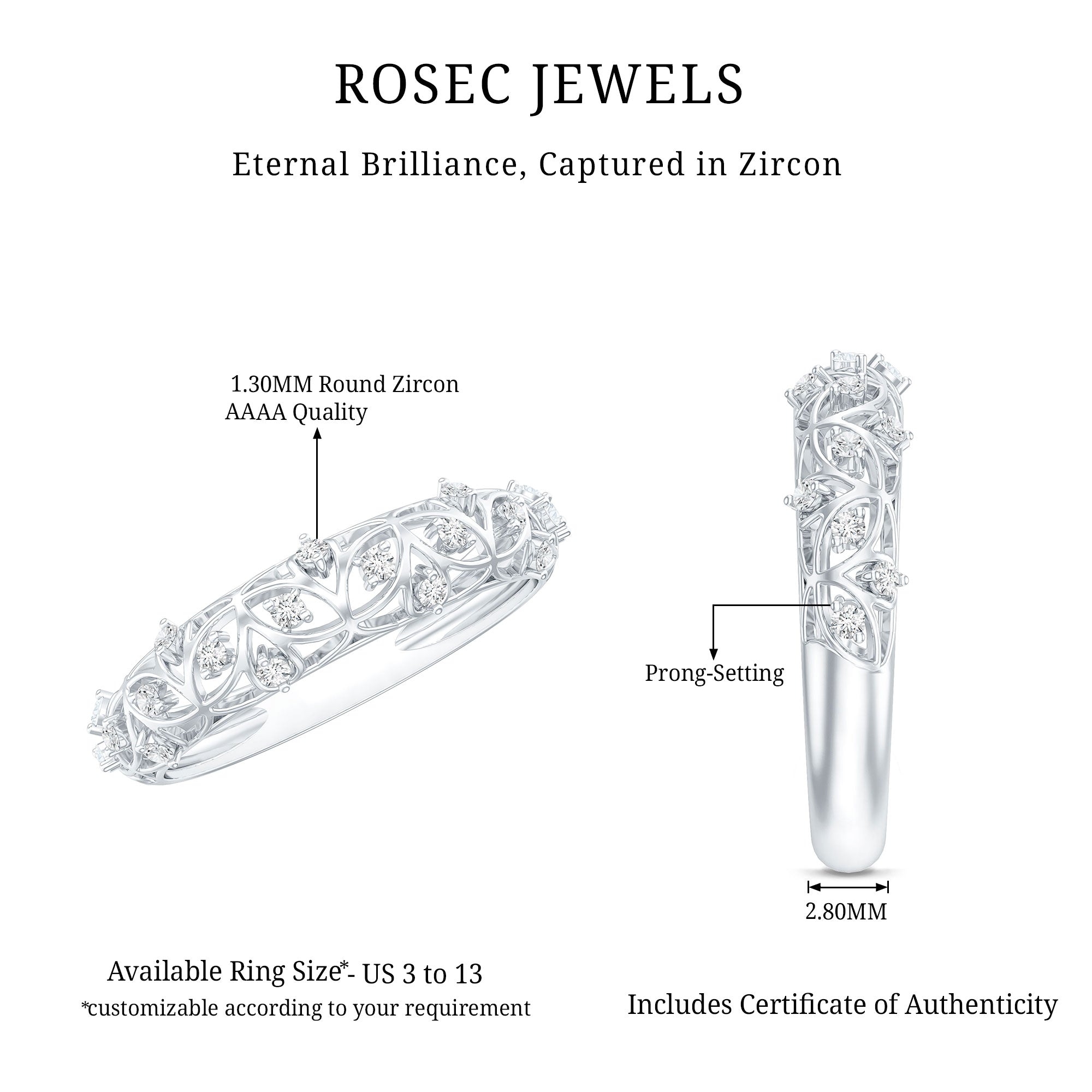 Round Zircon Semi Eternity Band with Filigree Details