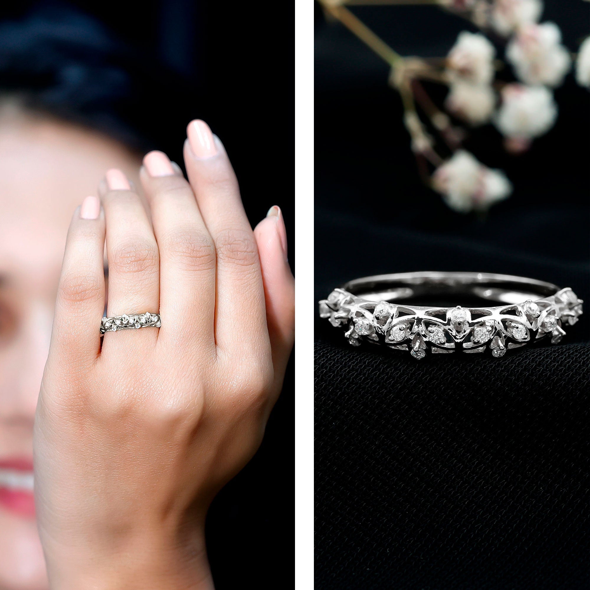 Round Zircon Semi Eternity Band with Filigree Details