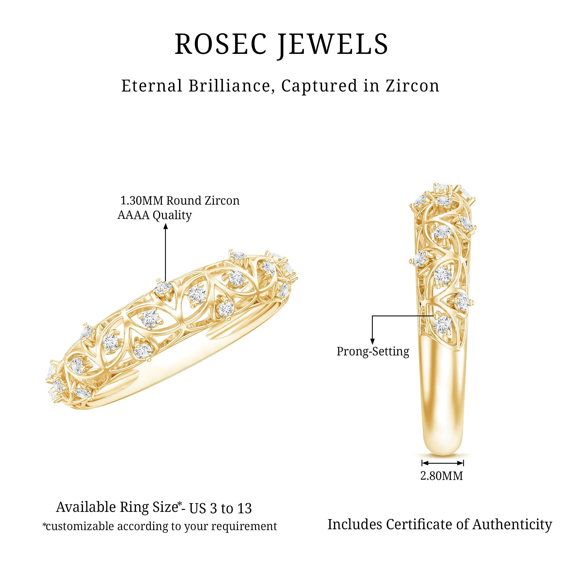 Round Zircon Semi Eternity Band with Filigree Details