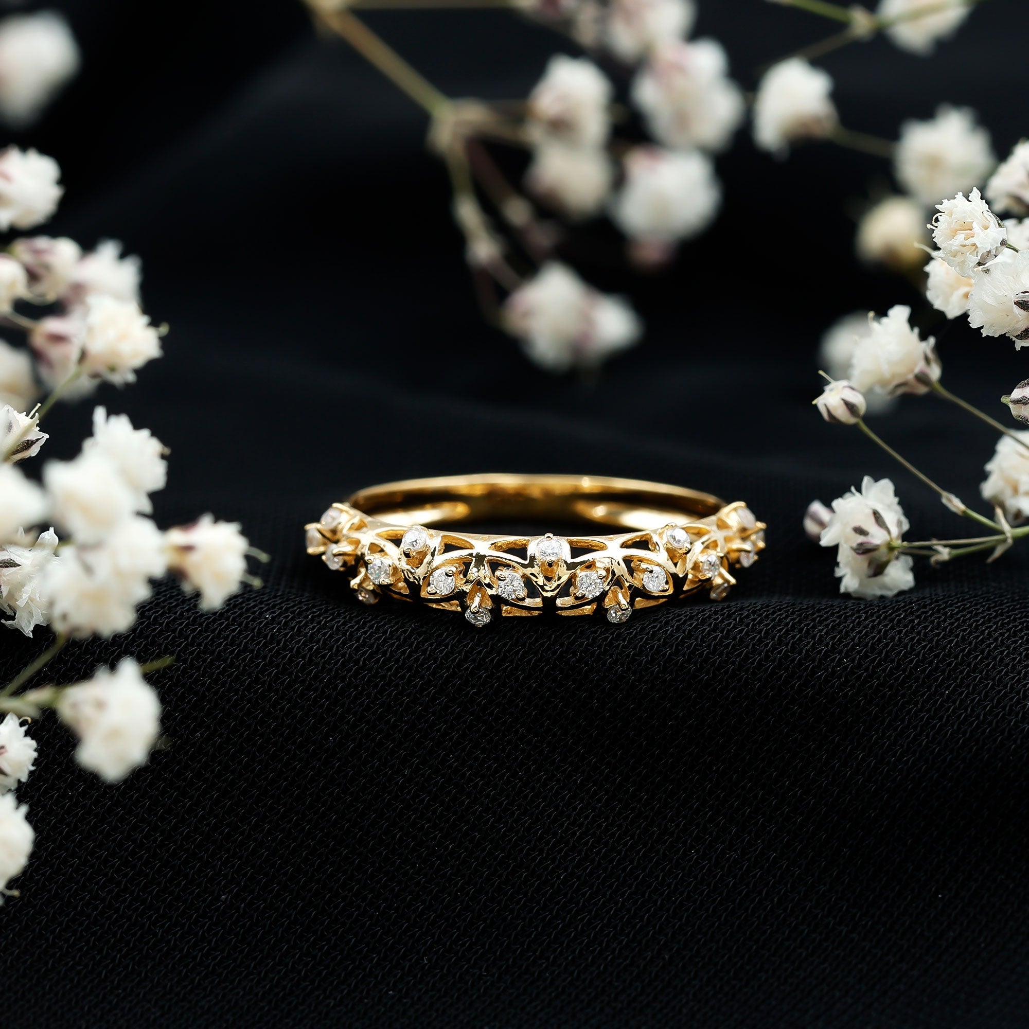 Round Zircon Semi Eternity Band with Filigree Details