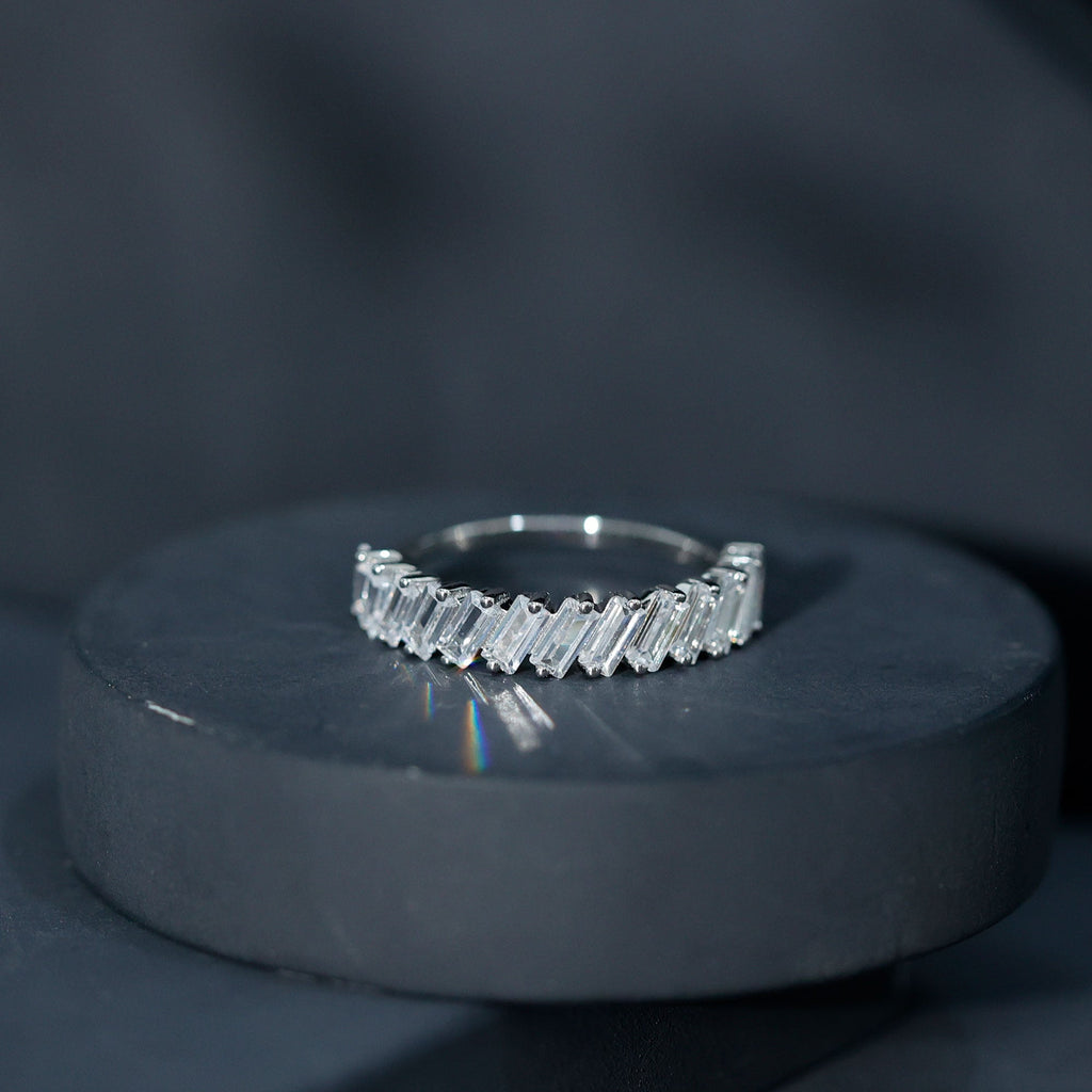 Tilted Baguette Cut Simulated Diamond Half Eternity Ring