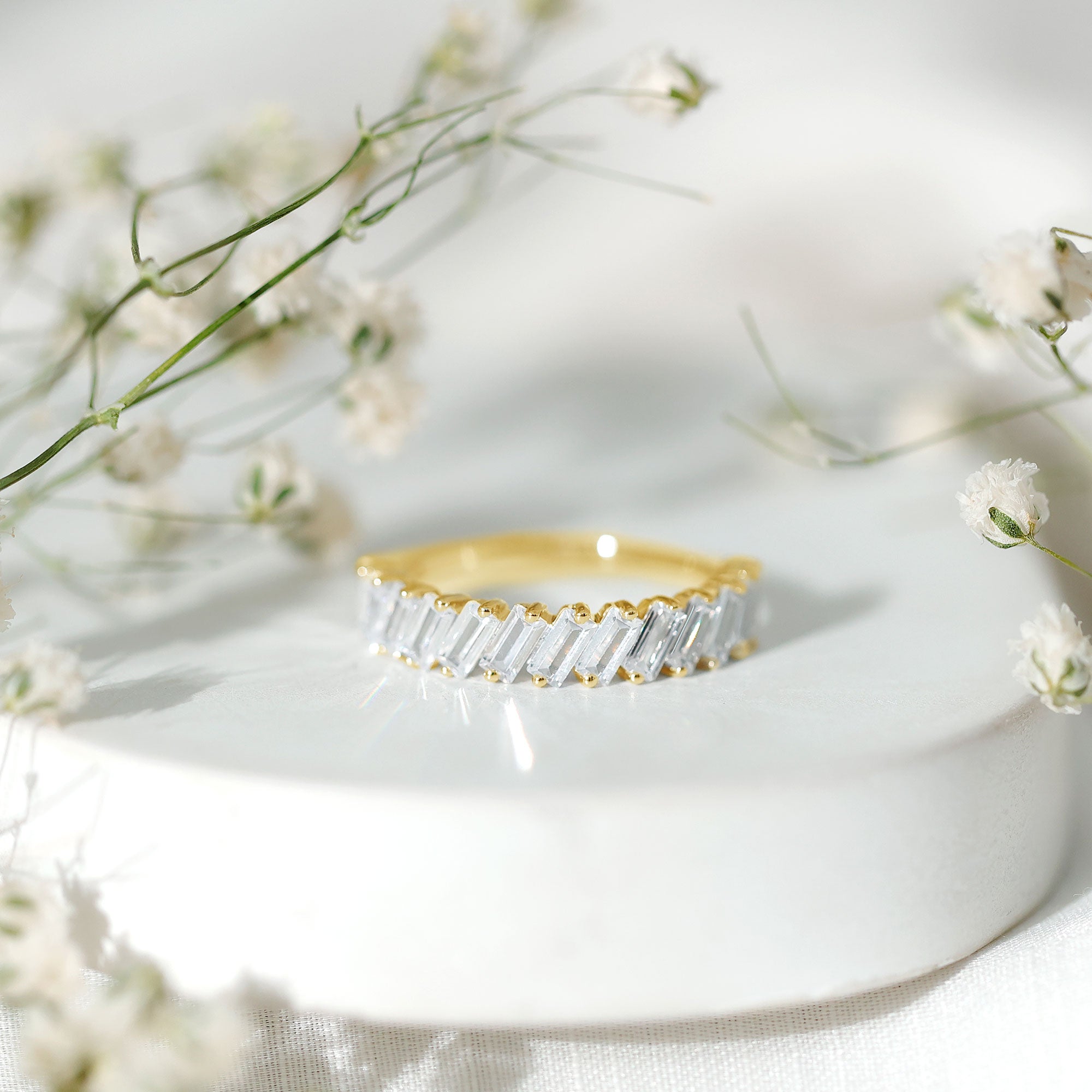 Tilted Baguette Cut Simulated Diamond Half Eternity Ring