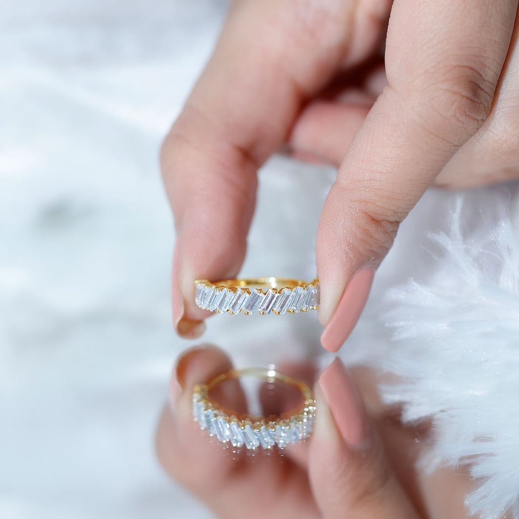 Tilted Baguette Cut Simulated Diamond Half Eternity Ring