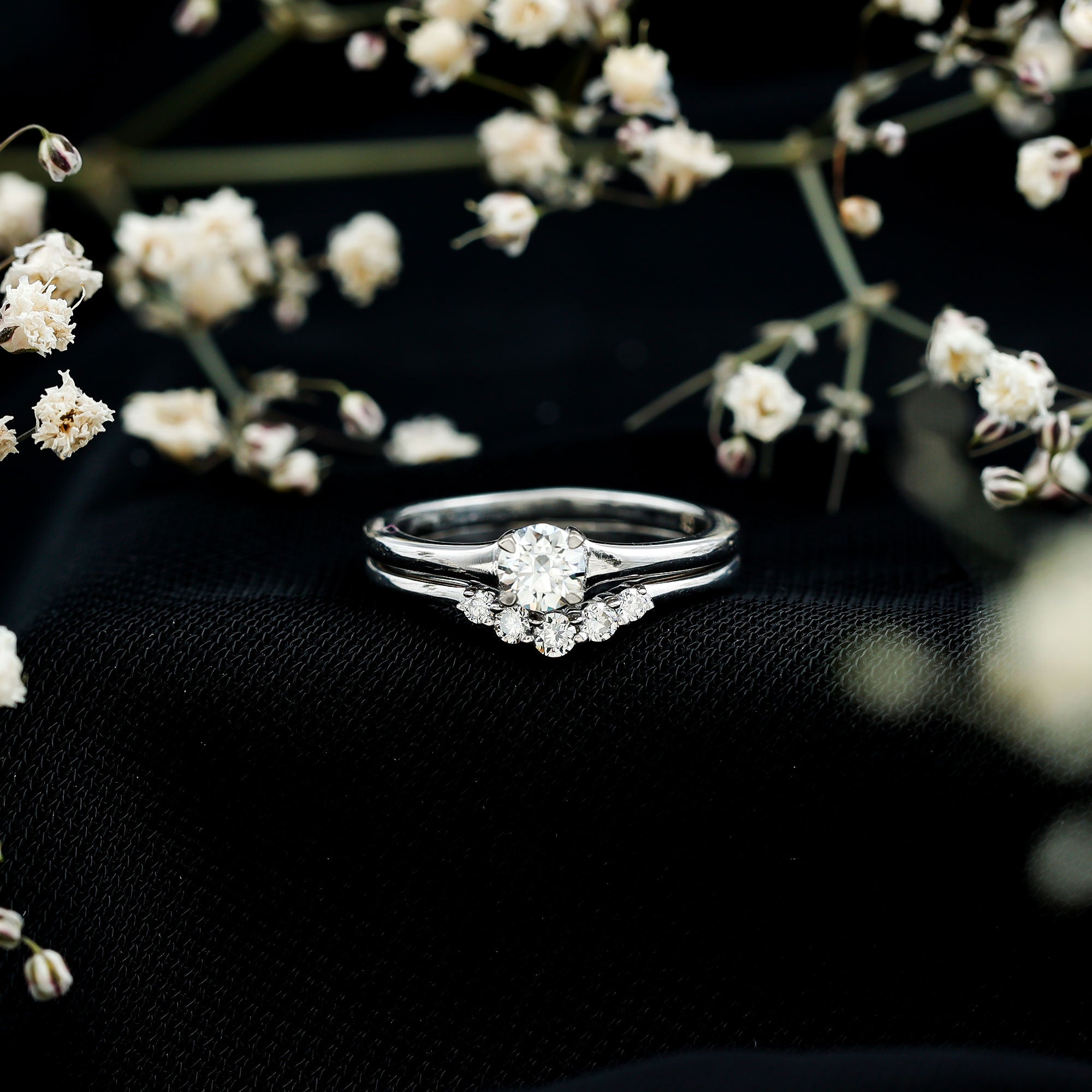 Round Cut Moissanite Engagement Ring with Wedding Band