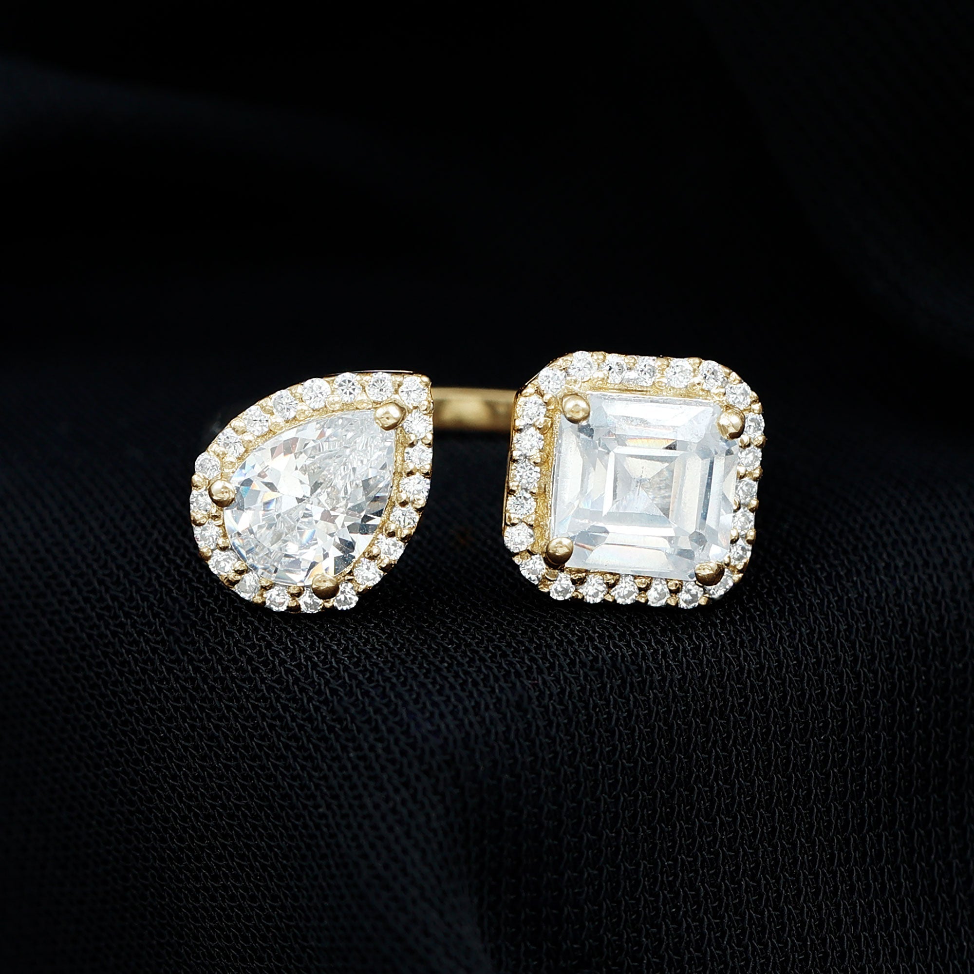 Asscher and Pear Cut Moissanite Two Stone Engagement Ring