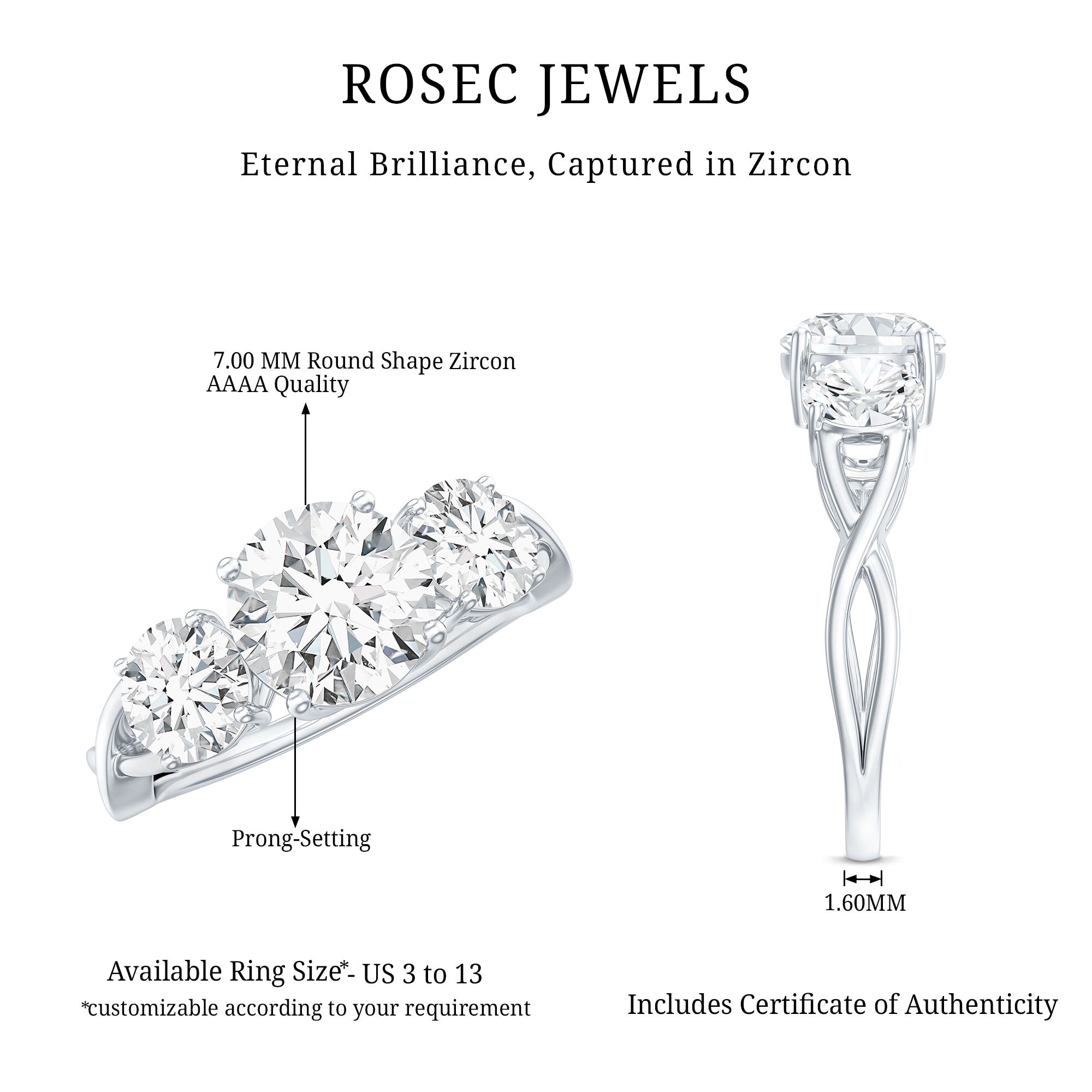3 Stone Round Cubic Zirconia Crossover Engagement Ring