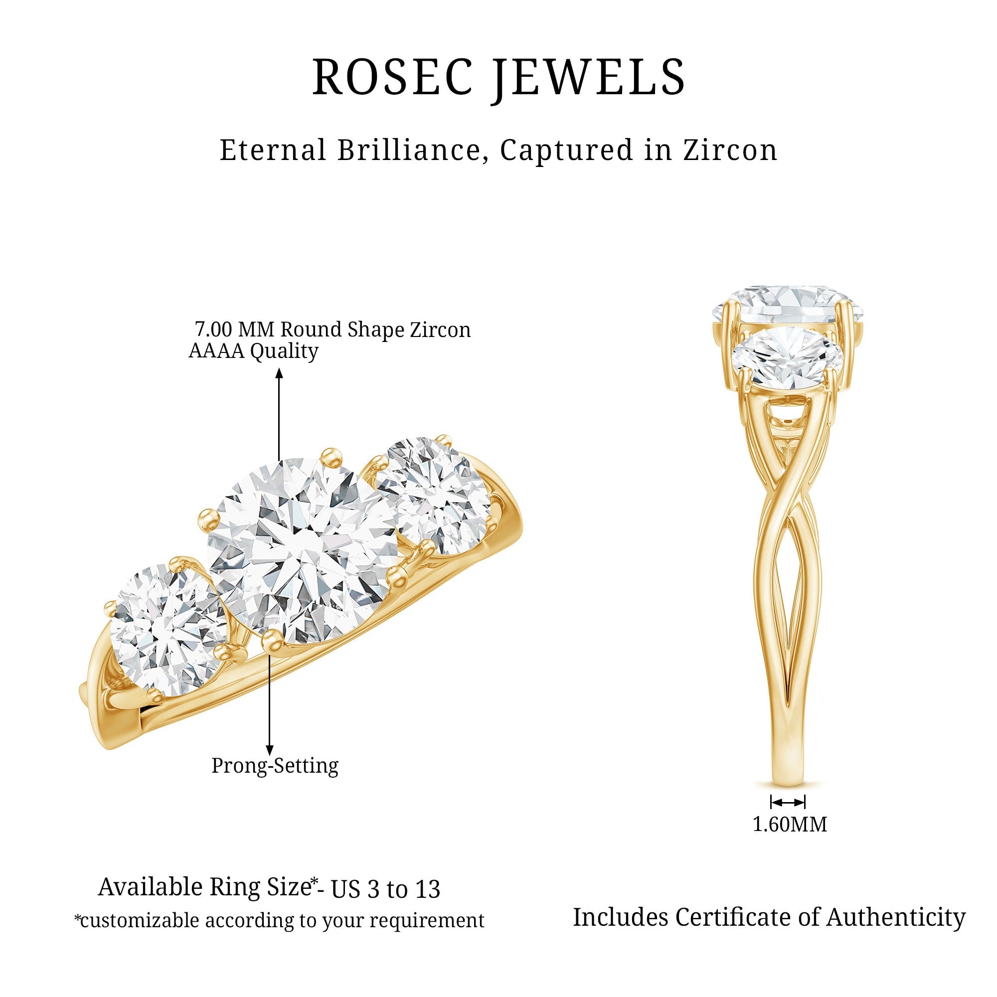 3 Stone Round Cubic Zirconia Crossover Engagement Ring