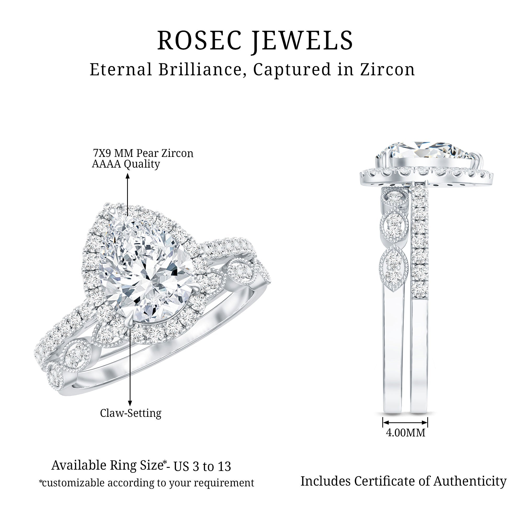 1.49 Carat Cubic Zirconia Teardrop Wedding Ring Set for Women