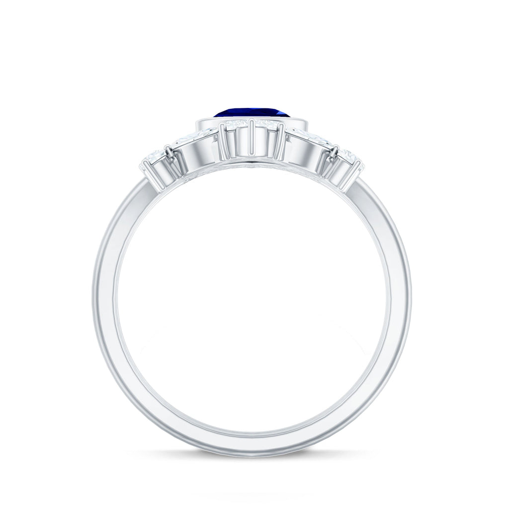 Vintage Looking Lab Grown Blue Sapphire 3 Piece Bridal Ring Set with Moissanite