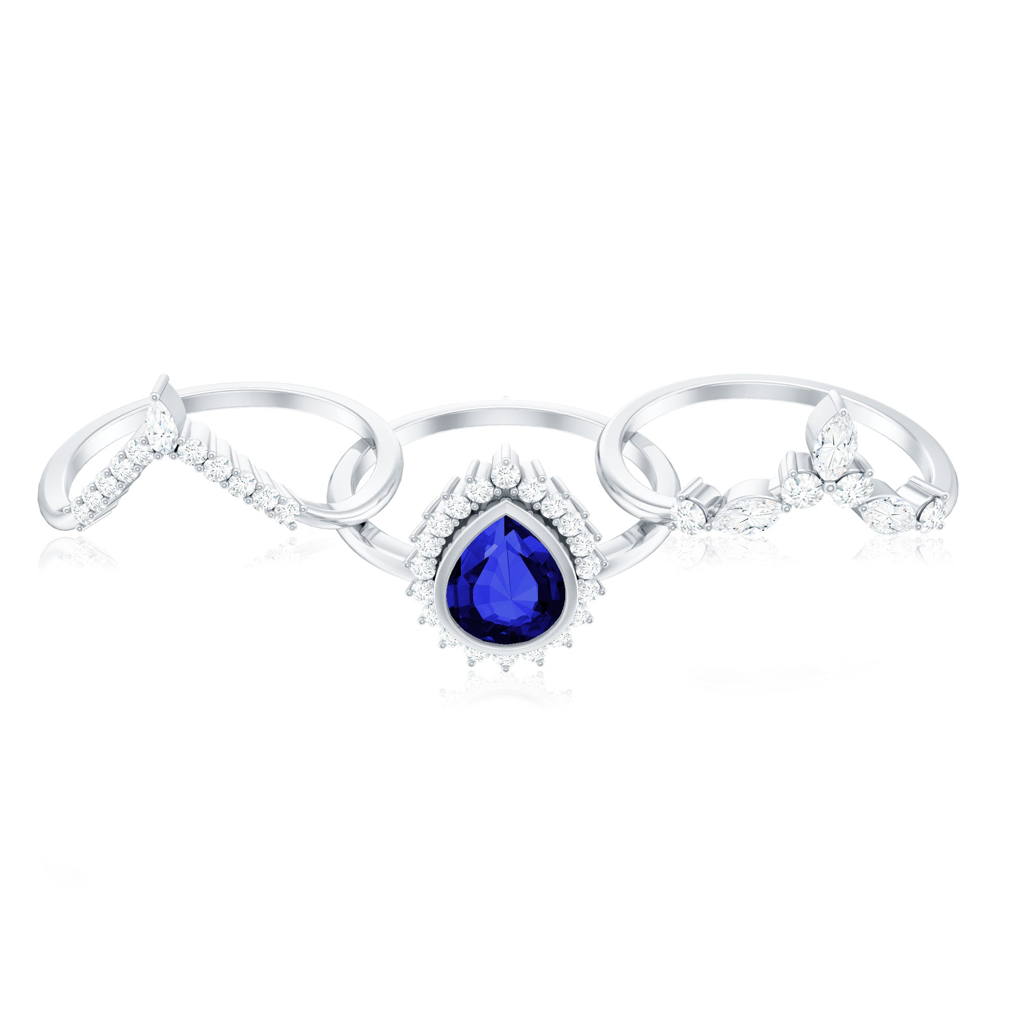 Vintage Looking Lab Grown Blue Sapphire 3 Piece Bridal Ring Set with Moissanite