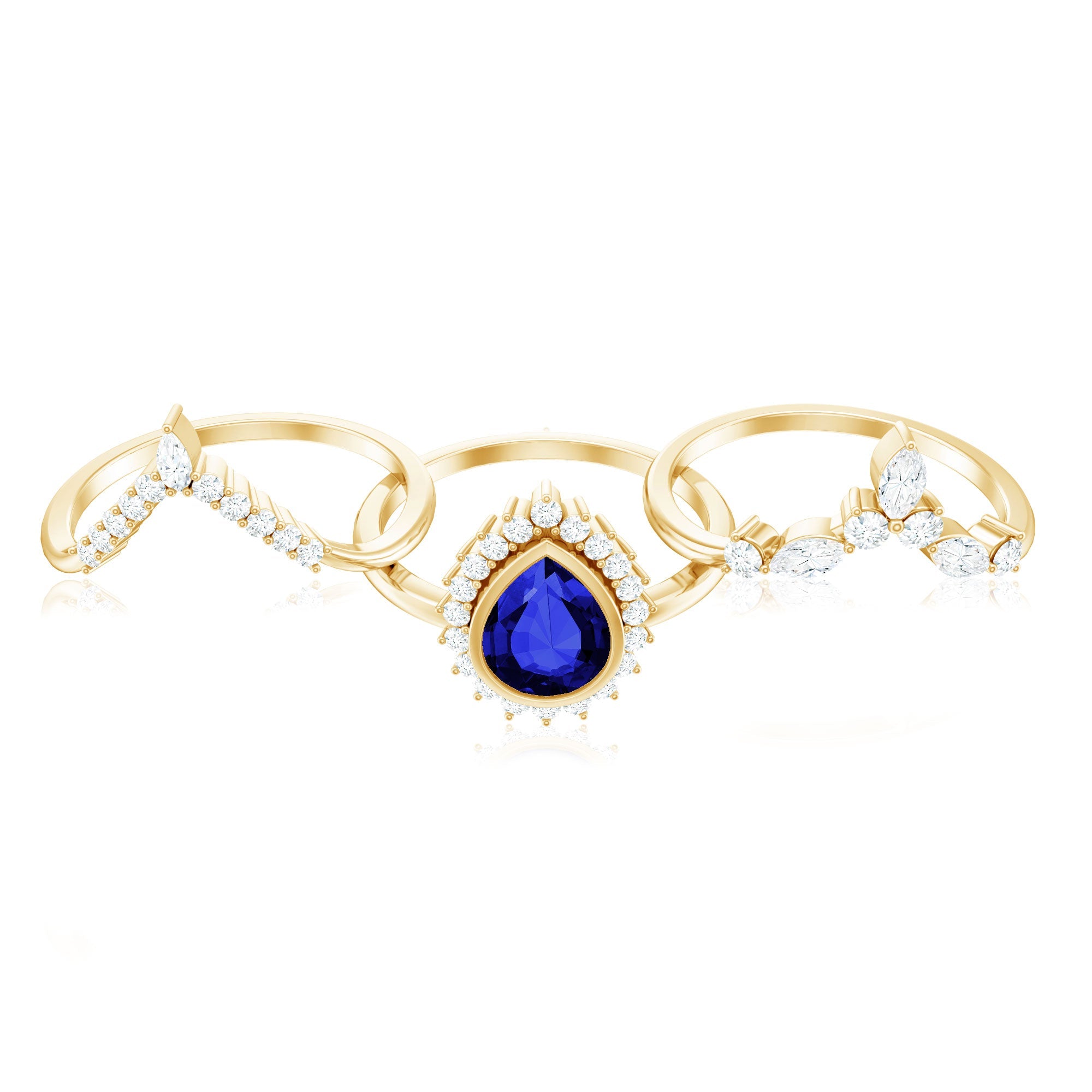 Vintage Looking Lab Grown Blue Sapphire 3 Piece Bridal Ring Set with Moissanite