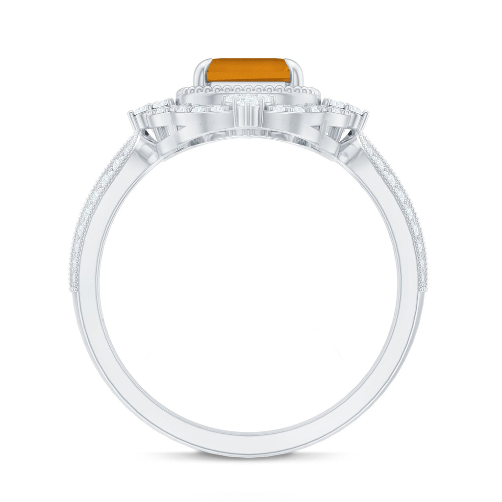 Vintage Inspired Citrine Emerald Cut Engagement Ring with Moissanite Halo