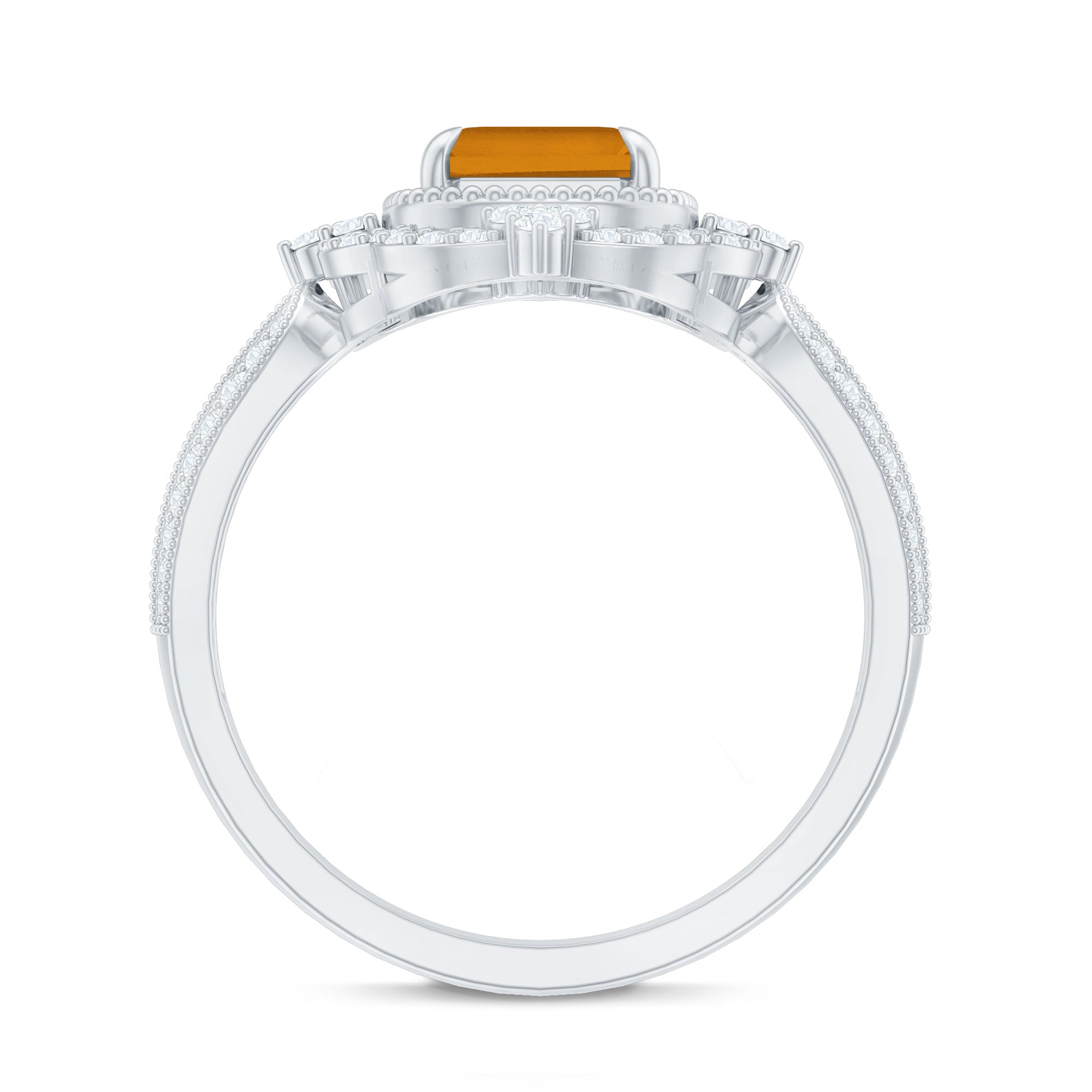 Vintage Inspired Citrine Emerald Cut Engagement Ring with Moissanite Halo
