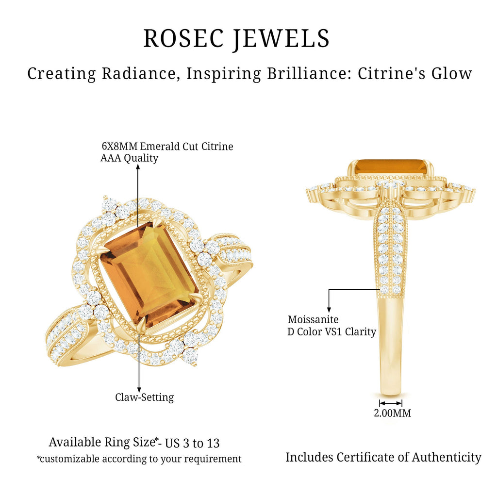 Vintage Inspired Citrine Emerald Cut Engagement Ring with Moissanite Halo