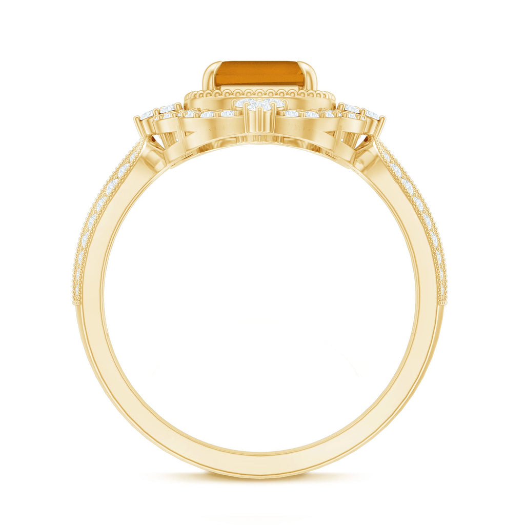 Vintage Inspired Citrine Emerald Cut Engagement Ring with Moissanite Halo