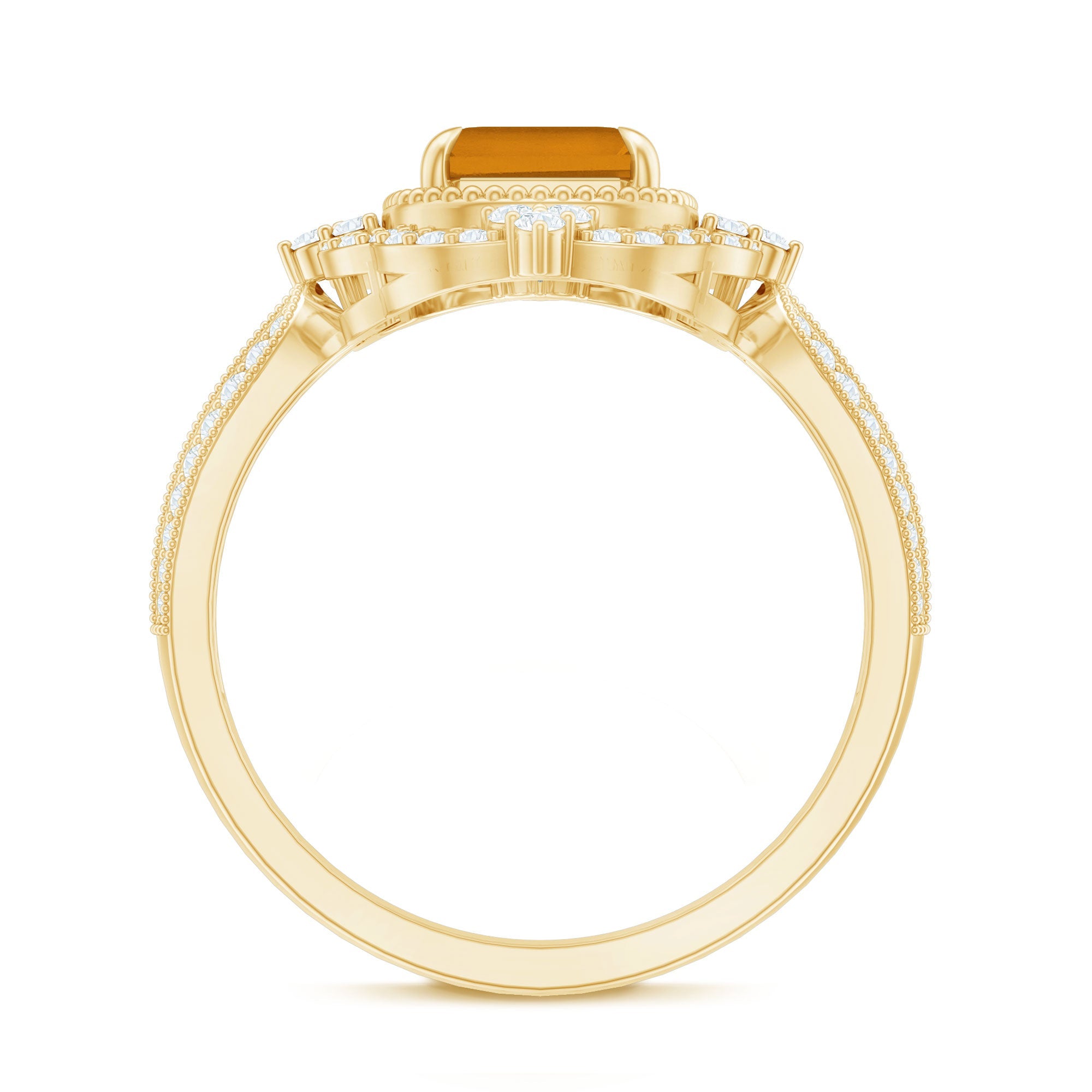 Vintage Inspired Citrine Emerald Cut Engagement Ring with Moissanite Halo