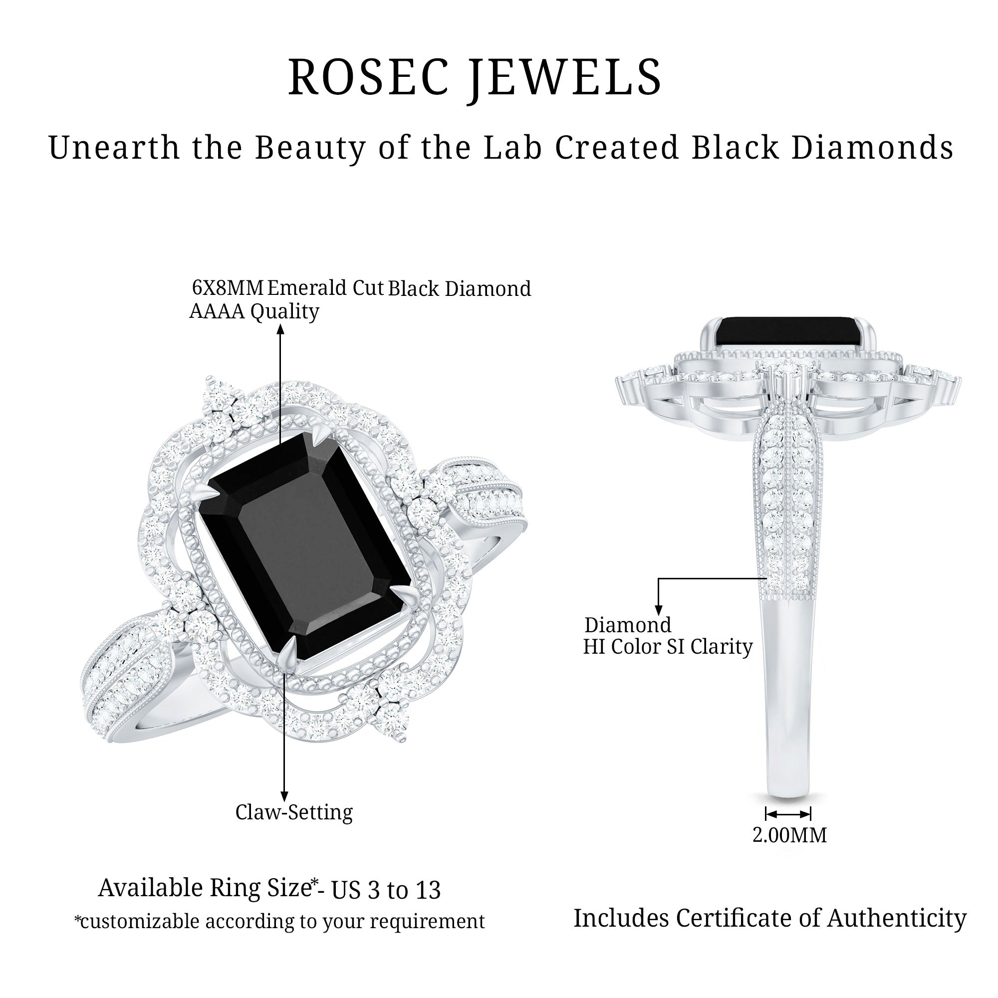 1.68 Carat Emerald Cut Lab Grown Black Diamond Retro Engagement Ring with White Diamond