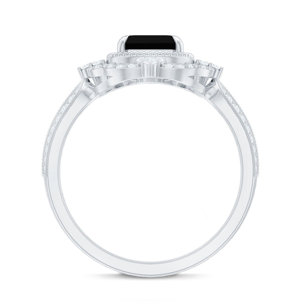 1.68 Carat Emerald Cut Lab Grown Black Diamond Retro Engagement Ring with White Diamond