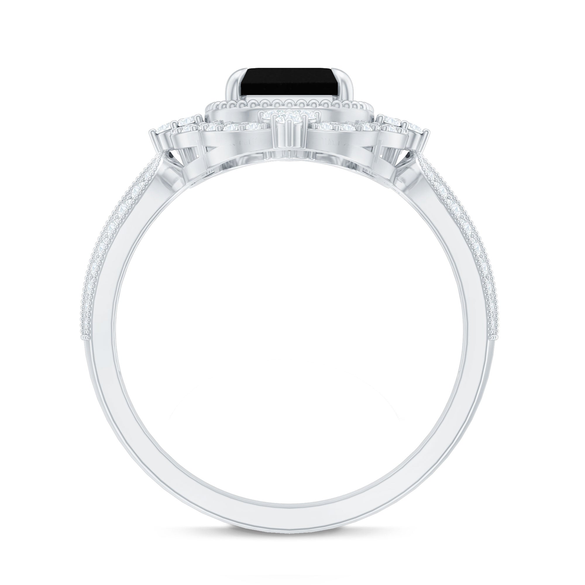 1.68 Carat Emerald Cut Lab Grown Black Diamond Retro Engagement Ring with White Diamond