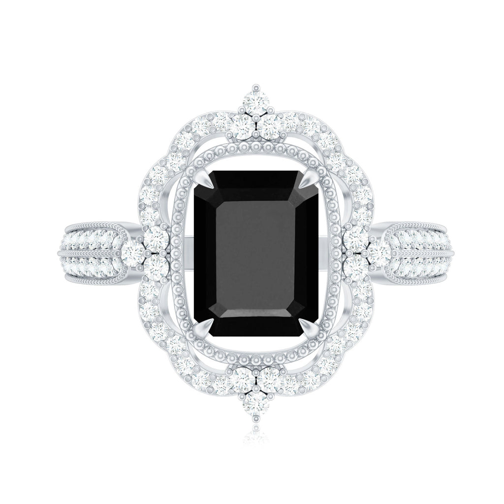 1.68 Carat Emerald Cut Lab Grown Black Diamond Retro Engagement Ring with White Diamond