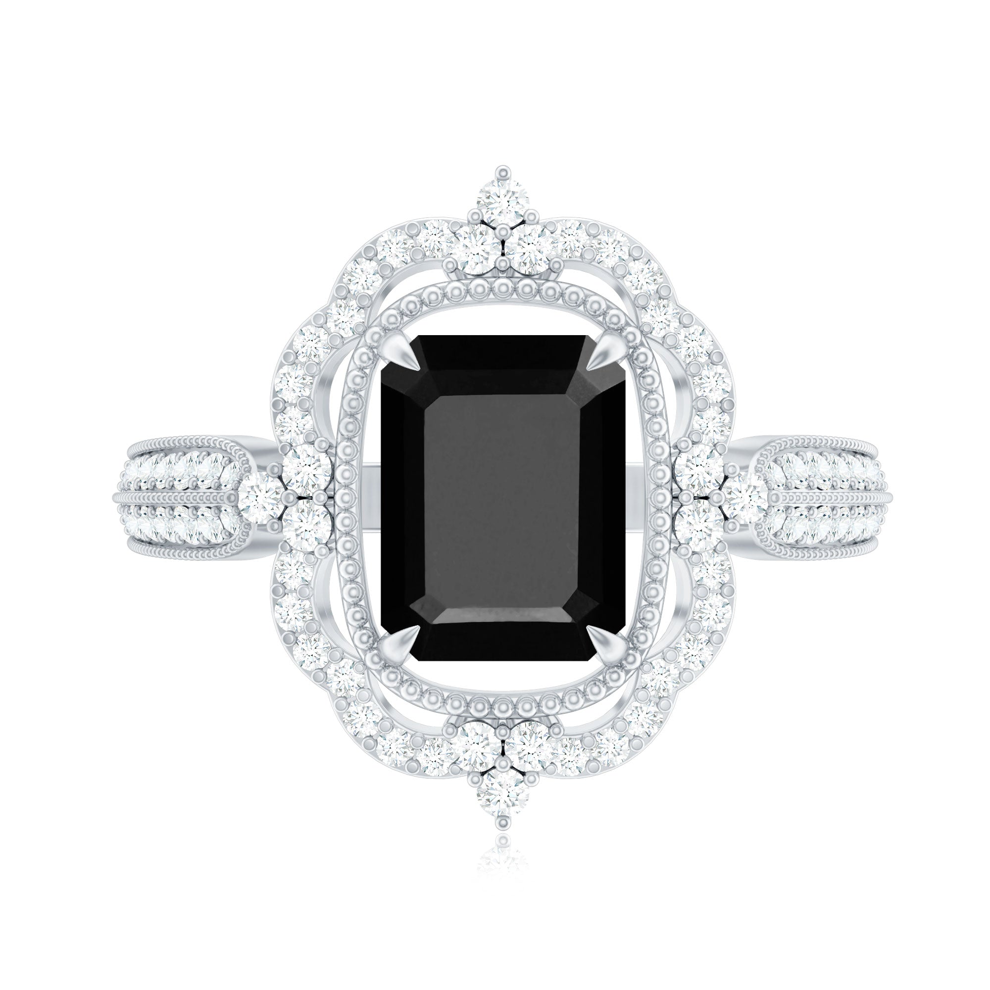 1.68 Carat Emerald Cut Lab Grown Black Diamond Retro Engagement Ring with White Diamond