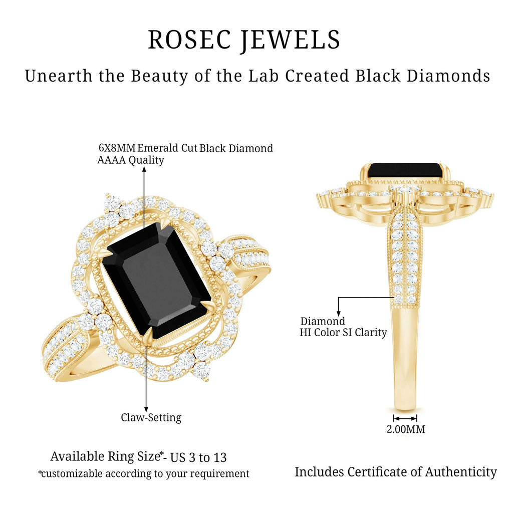 1.68 Carat Emerald Cut Lab Grown Black Diamond Retro Engagement Ring with White Diamond