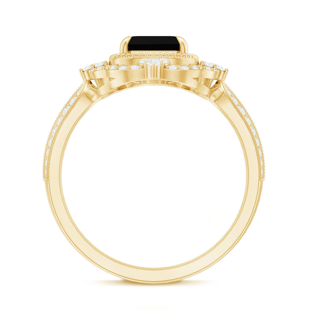 1.68 Carat Emerald Cut Lab Grown Black Diamond Retro Engagement Ring with White Diamond