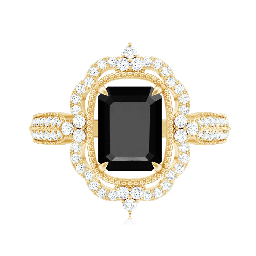1.68 Carat Emerald Cut Lab Grown Black Diamond Retro Engagement Ring with White Diamond