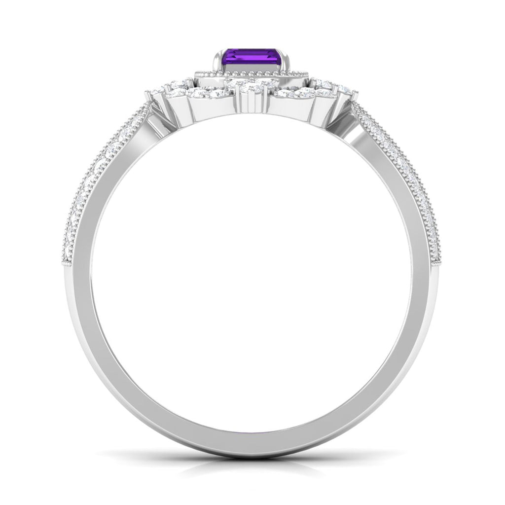Vintage Inspired 1.4 Carat Amethyst Emerald Cut Engagement Ring with Diamond Halo