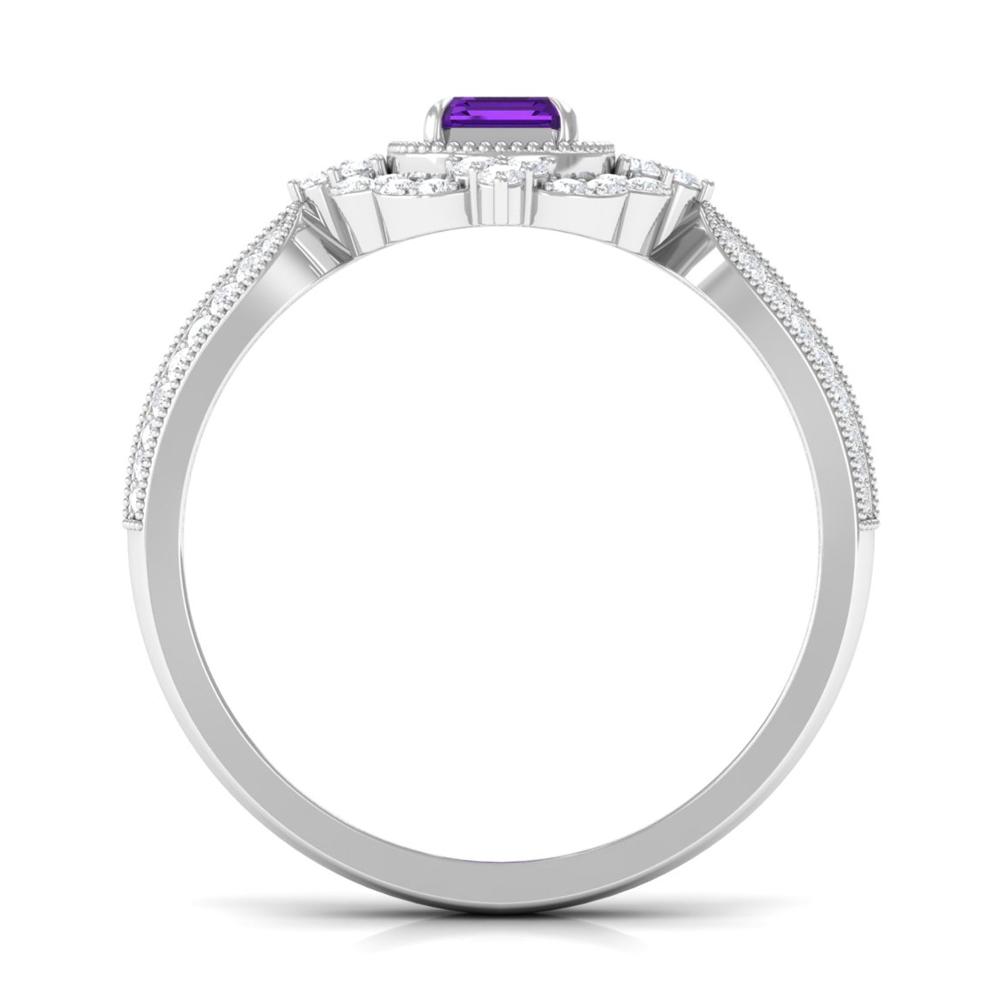 Vintage Inspired 1.4 Carat Amethyst Emerald Cut Engagement Ring with Diamond Halo
