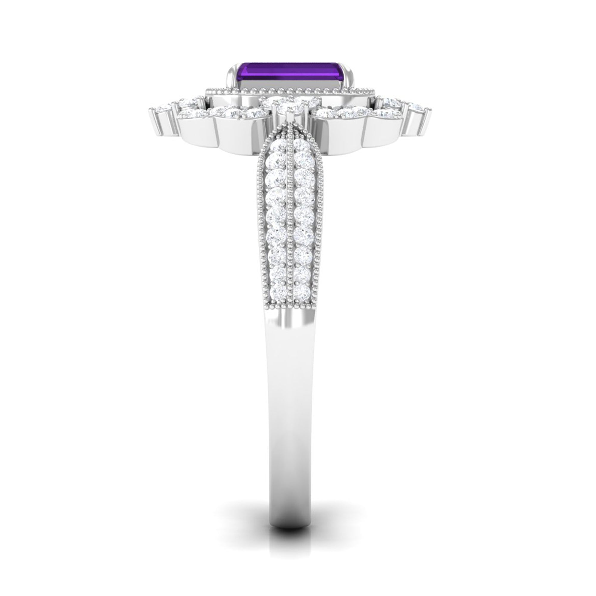 Vintage Inspired 1.4 Carat Amethyst Emerald Cut Engagement Ring with Diamond Halo