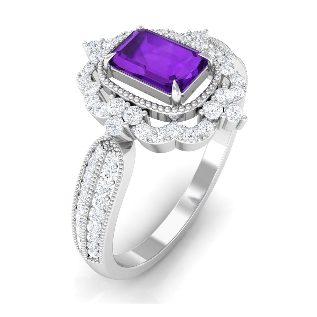 Vintage Inspired 1.4 Carat Amethyst Emerald Cut Engagement Ring with Diamond Halo