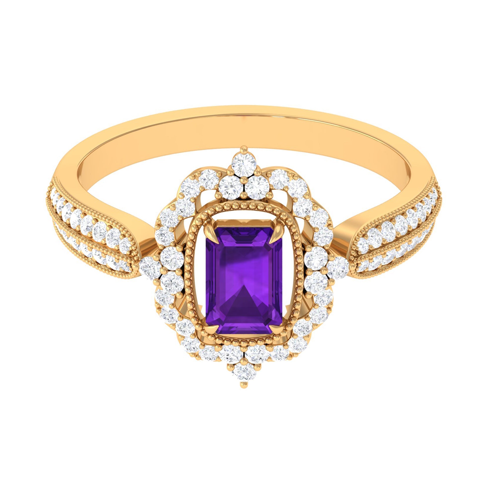Vintage Inspired 1.4 Carat Amethyst Emerald Cut Engagement Ring with Diamond Halo