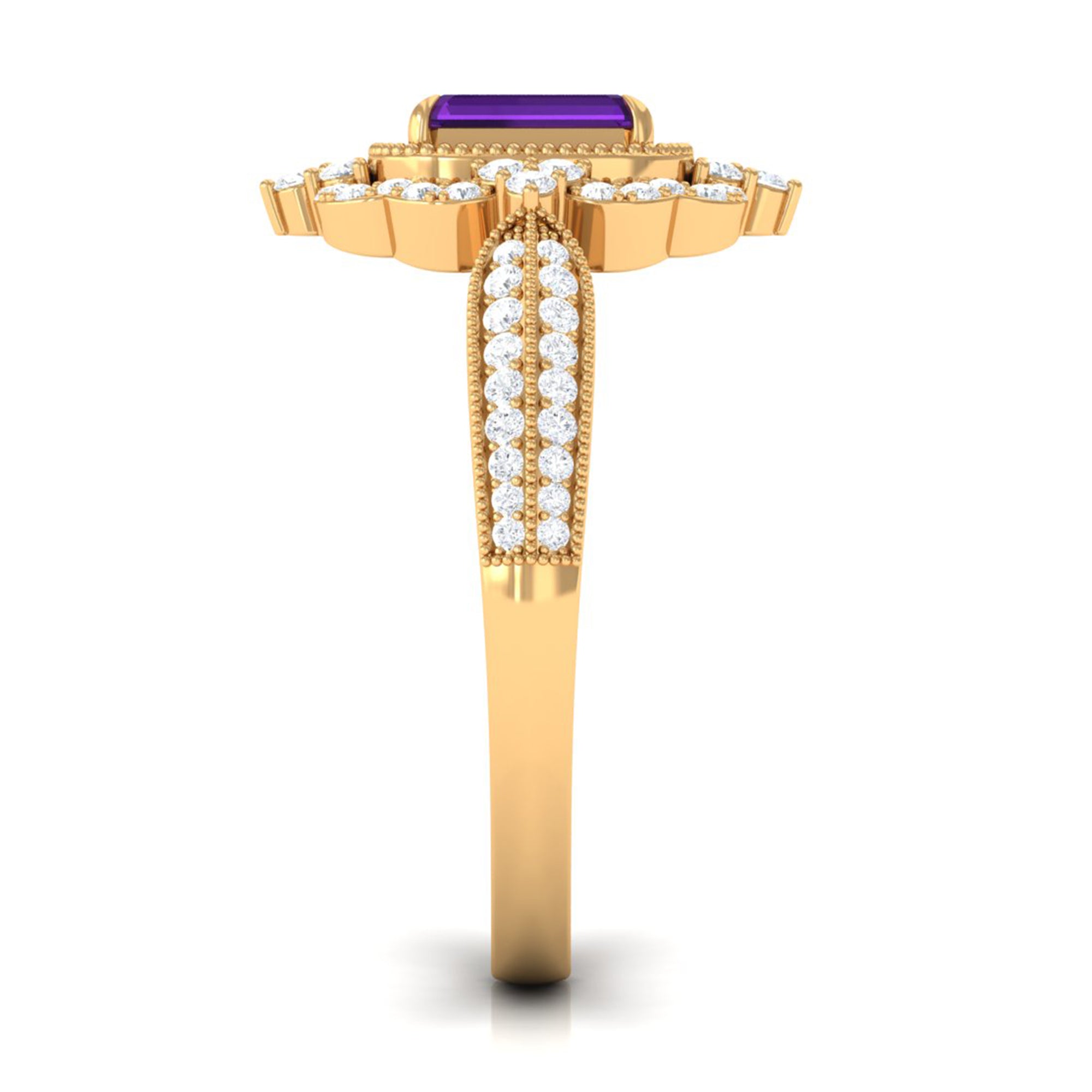 Vintage Inspired 1.4 Carat Amethyst Emerald Cut Engagement Ring with Diamond Halo