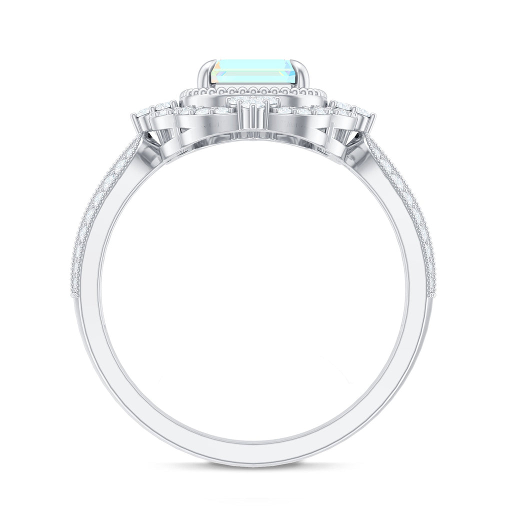 Real 6X8mm Emerald Cut Opalescent Antique Looking Engagement Ring with Diamond Halo