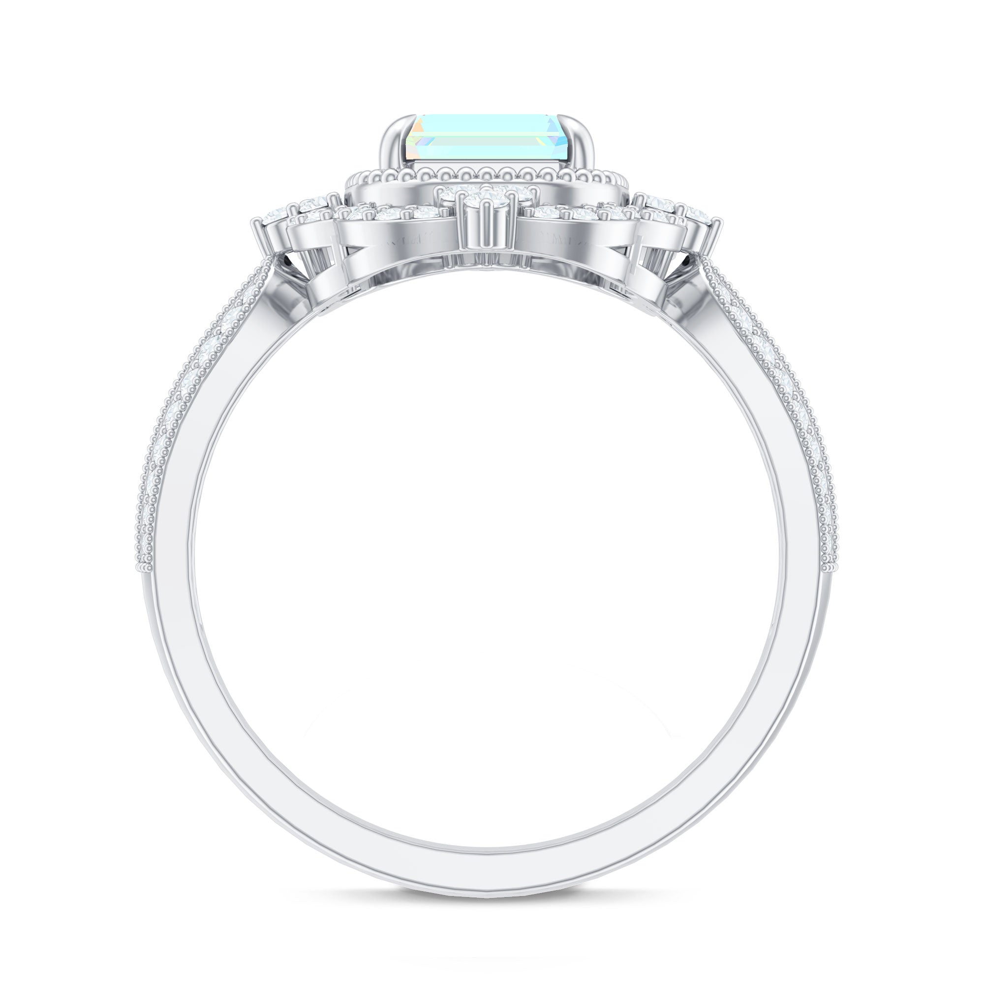 Real 6X8mm Emerald Cut Opalescent Antique Looking Engagement Ring with Diamond Halo