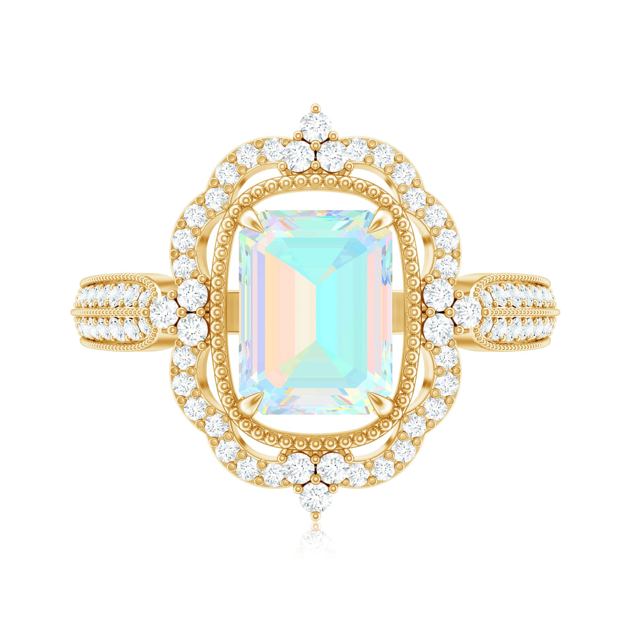 Real 6X8mm Emerald Cut Opalescent Antique Looking Engagement Ring with Diamond Halo