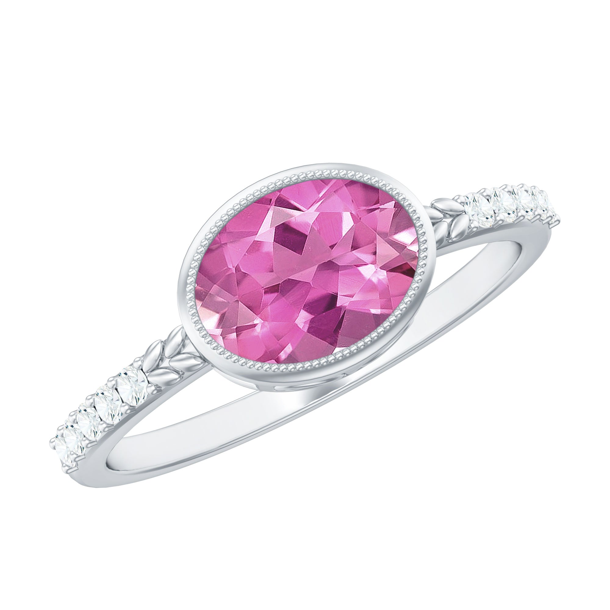 1 Carat Oval Pink Tourmaline East West Engagement Ring with Diamond