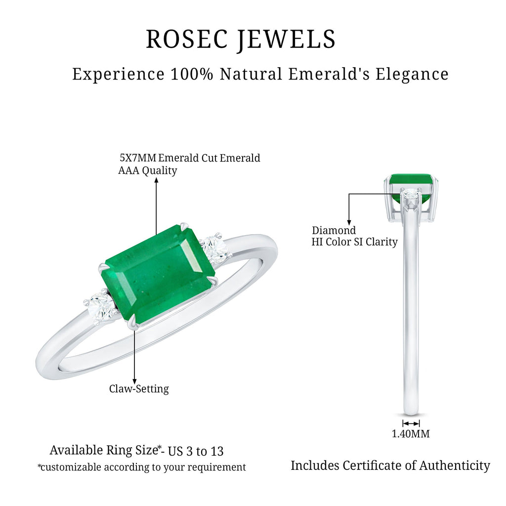 Real Emerald Cut Emerald East West Engagement Ring with Diamond
