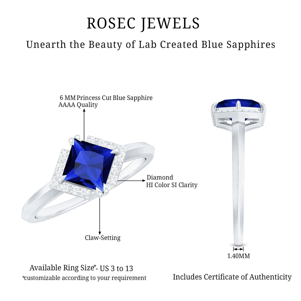Certified 1.5 Carat Princess Cut Lab Grown Blue Sapphire Diamond Engagement Ring