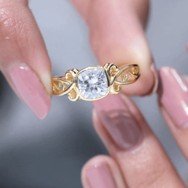 Cushion Cut Cubic Zirconia Vintage Inspired Solitaire Ring in Bezel Setting